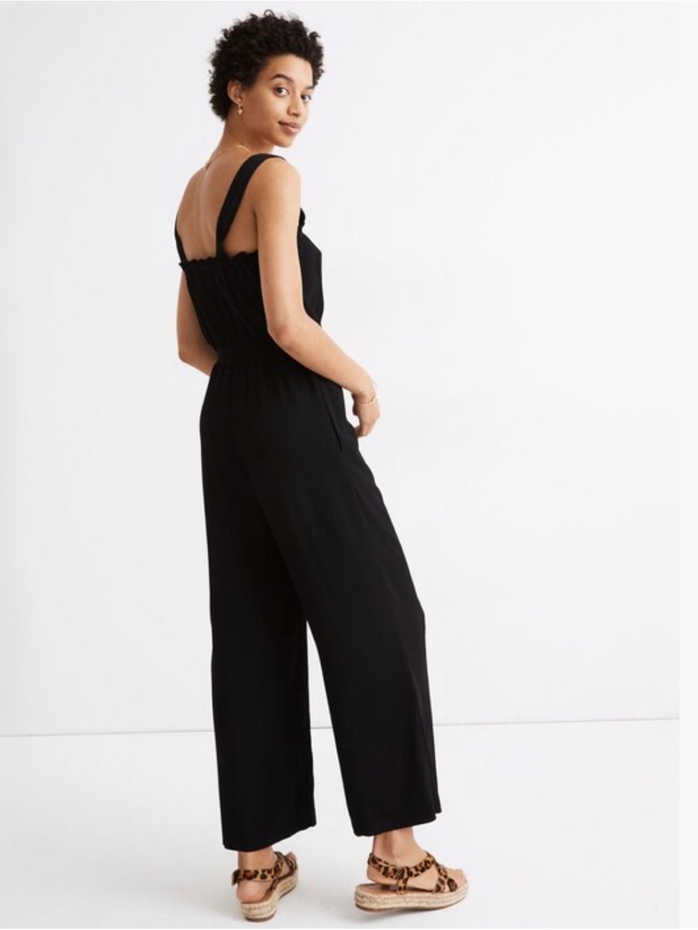 Madewell Black Smocked-Waist Wide-Leg Jumpsuit - Size 8 -‎ Viscose Sleeveless - Picture 2 of 8